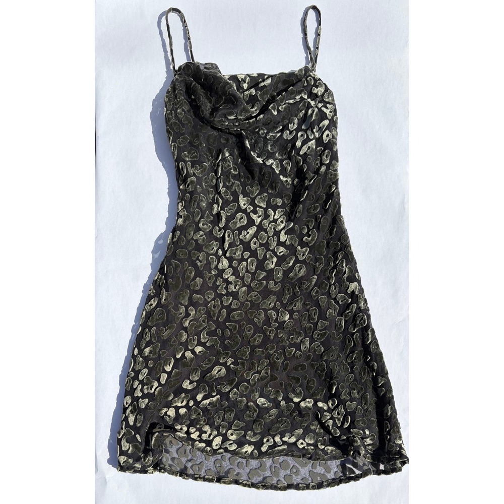 ASTR The Label Olive Green Leopard Burnout Velvet Cowl Neck Mini Dress Small